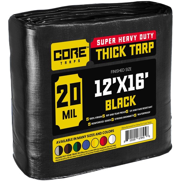 Core Tarps 12 ft x 16 ft Heavy Duty 20 Mil Tarp, Black, Polyethylene CT-706-12x16
